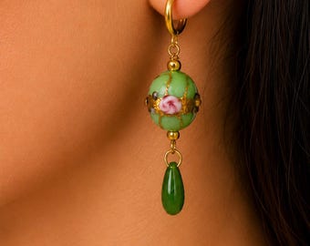 Green Floral Drop Earrings | Vintage Inspired Beaded Earrings | Handmade Green Dangle Earrings | Boho Statement Earrings |Gift for Her
