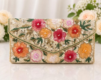 Champagne Beaded Clutch Purse | Floral Evening Bag | Handmade Wedding Guest Clutch | Gold Sequin Handbag | Bridal Purse with Beaded Strap