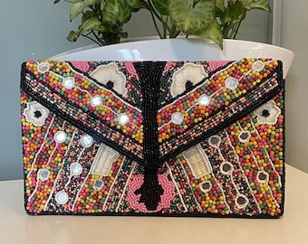 Handmade Beaded Envelope Clutch Purse Crossbody Handbag