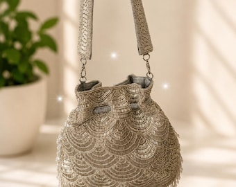 Silver Beaded Potli Bag, Handmade Evening Bucket Bag, Wedding Purse, Bridal Drawstring Handbag, Art Deco Beaded Bag, Fringe Evening Clutch
