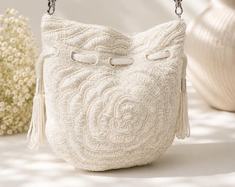 Ivory Beaded Potli Bag for Weddings | Handmade Bridal Bucket Bag | White Evening Purse | Beaded Crossbody Bag | Bridesmaid Gift