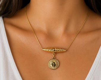 Gold Coin Pendant Necklace | Hammered Bar Necklace | Minimalist Gold Statement Necklace | Modern Barrel Charm Jewelry | Sudanese Jewlery