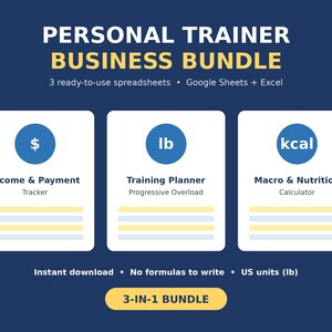 Personal Trainer Business Bundle | Client Tracker, Workout Planner, Macro Calculator (Google Sheets + Excel)