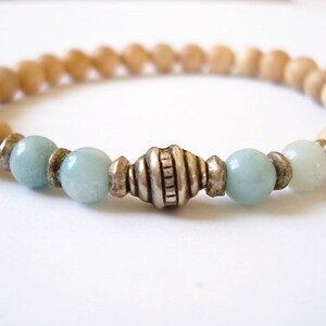 Sandalwood Mala Bracelet, Aromatic Sandalwood, Amazonite, Beaded Wooden Bracelet, Clarity