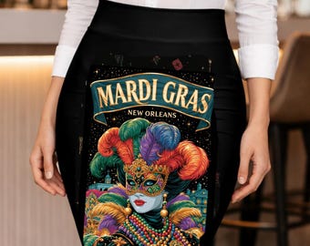 Mardi Gras Pencil Skirt, New Orleans Carnival Mask Art, Colorful Feather Print, Black Statement Skirt