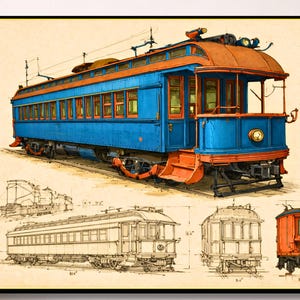 May include: A framed art print featuring a detailed illustration of a vintage blue and orange electric streetcar. The artwork includes a large perspective view of the vehicle alongside technical line drawings showing side and rear elevations.