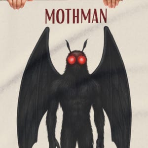 May include: A cream-colored throw blanket featuring a central illustration of the Mothman, a black winged creature with glowing red eyes. The word MOTHMAN is printed in bold red capital letters above the creature's head on the fabric surface.