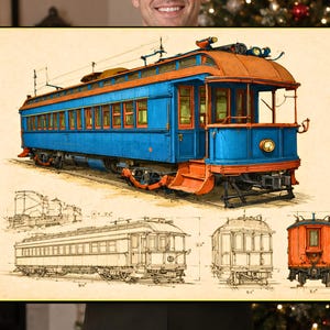 May include: A rectangular print featuring a large, detailed illustration of a blue and orange vintage streetcar. Below the main image are three technical line drawings of the same streetcar from different angles, including side and rear views.