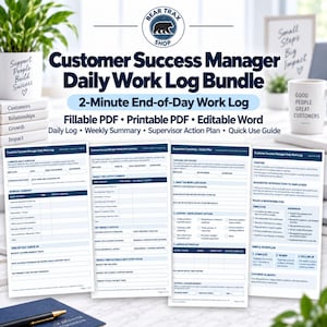 Customer Success Manager Daily Work Log Bundle | Employee Activity Tracker | Fillable PDF + Editable Word | Supervisor Tool