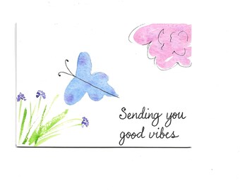 Good Vibes Flowers and Butterfly Card/ Watercolor Card/ Pink Purple Flowers Blue Butterfly/ Whimsical Abstract Painting/ Pink Purple Flowers