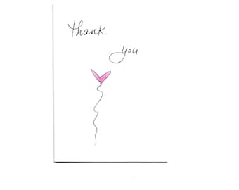 Heart Balloon Thank You Note Cards / Hand-Painted Pink Heart / Original Watercolor / 3-1/2" x 5" Cards / 5-Pack