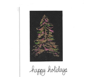 Happy Holidays Christmas Card  / Hand-Painted Gouache / Abstract Gold Fir Tree /  A-1 Size Small Card