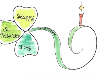 St. Patrick's Day Birthday Card PERSONALIZED for FREE With a Name on Front, 3-Leaf Clover With Candle Original Watercolor Card Hand-Painted