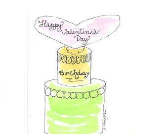 Valentine's Birthday Card PERSONALIZED for FREE With a Name on the Bottom Cake Tier of the Decorated Cake Topped With Pink Valentine Heart