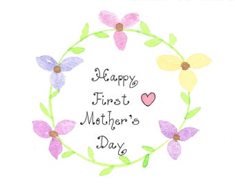 First Mother's Day Card OR Mother's Day Card / Original Watercolor Flower Wreath / Pink Purple Blue Yellow Violet Flowers With Red Heart