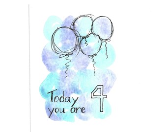 4-Year-Old Birthday Card PERSONALIZED for FREE With Name/ 1st 2nd 3rd 4th...Birthday /Watercolor Balloons/ Original Hand-Painted Card