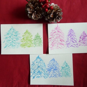Watercolor Winter Note Cards 3-Pack of Blue, Pink, Green Tree Original Hand-Painted Contemporary Pine Trees A-1 Size Small Cards