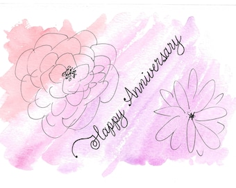 Anniversary Card / Illustrated Flowers and Hand-Painted in Watercolor / Coral Pink Purple