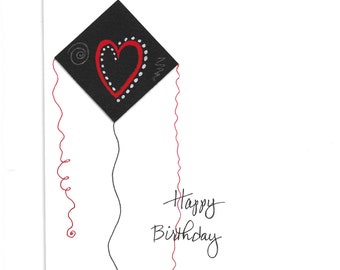 Whimsical Birthday Card PERSONALIZED for FREE With ANY Name and Number / Red Heart on String / 50th 60th 70th 80th 85th 90th...Milestone