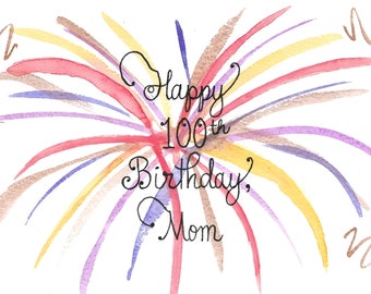 100th Birthday Card PERSONALIZED for FREE With Name / ANY Number/ Fireworks / Original Hand-Painted / Milestone Celebration  / 95th 90th ...