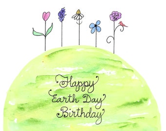 Earth Day Birthday Card PERSONALIZED for FREE With a Name on the Front Green Earth Hill Purple Blue Pink Red White Flowers Red Bird Abstract
