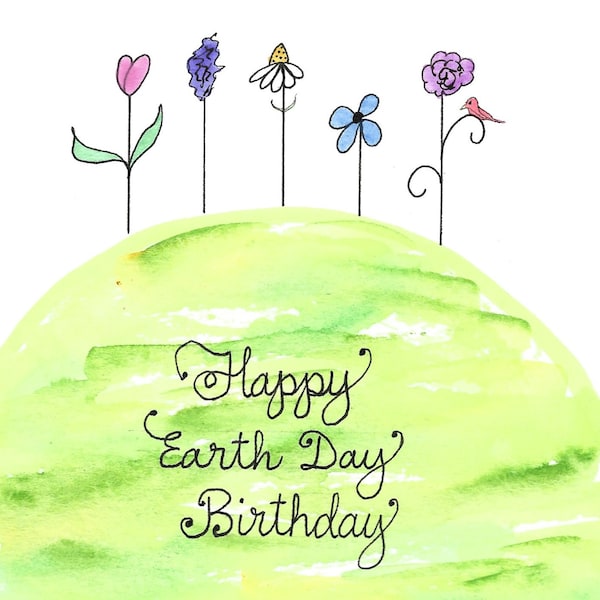 Earth Day Birthday Card PERSONALIZED for FREE With a Name on the Front Green Earth Hill Purple Blue Pink Red White Flowers Red Bird Abstract