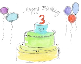 3rd Birthday Card PERSONALIZED for FREE With Name and  ANY Number / Original Watercolor & Lettering/ Balloons and Cake / Large Card 5" x 7"