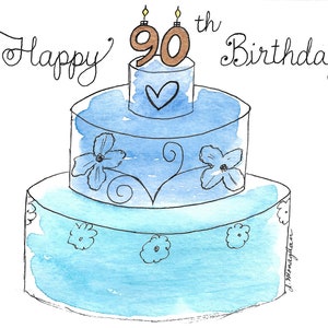 Watercolor 90th... Birthday Cake Card PERSONALIZED for FREE With ANY Name and Number / Contemporary Birthday Greeting Card / Man or Woman
