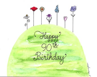Personalized 90th Birthday Card, Hand-Painted Watercolor Flowers