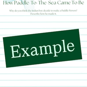 K&ouml;nnte beinhalten: Eine Buchseite mit dem Titel "Kapitel Eins: Wie Paddle-To-The-Sea entstand". Der Text stellt Fragen zu einer Figur. Ein gr&uuml;nes Rechteck mit dem Wort "Beispiel" ist auf die Seite gelegt.