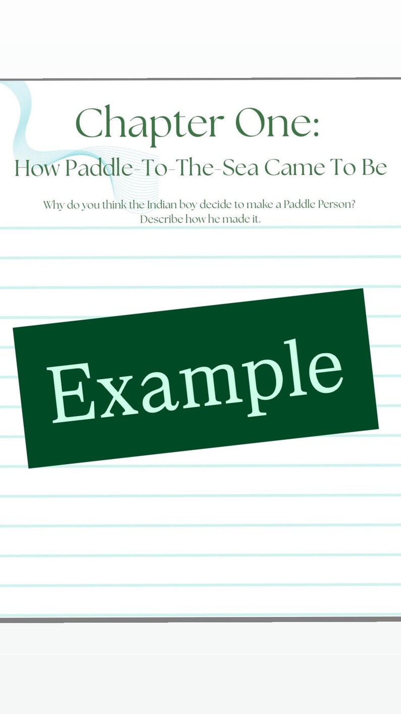 K&ouml;nnte beinhalten: Eine Buchseite mit dem Titel "Kapitel Eins: Wie Paddle-To-The-Sea entstand". Der Text stellt Fragen zu einer Figur. Ein gr&uuml;nes Rechteck mit dem Wort "Beispiel" ist auf die Seite gelegt.
