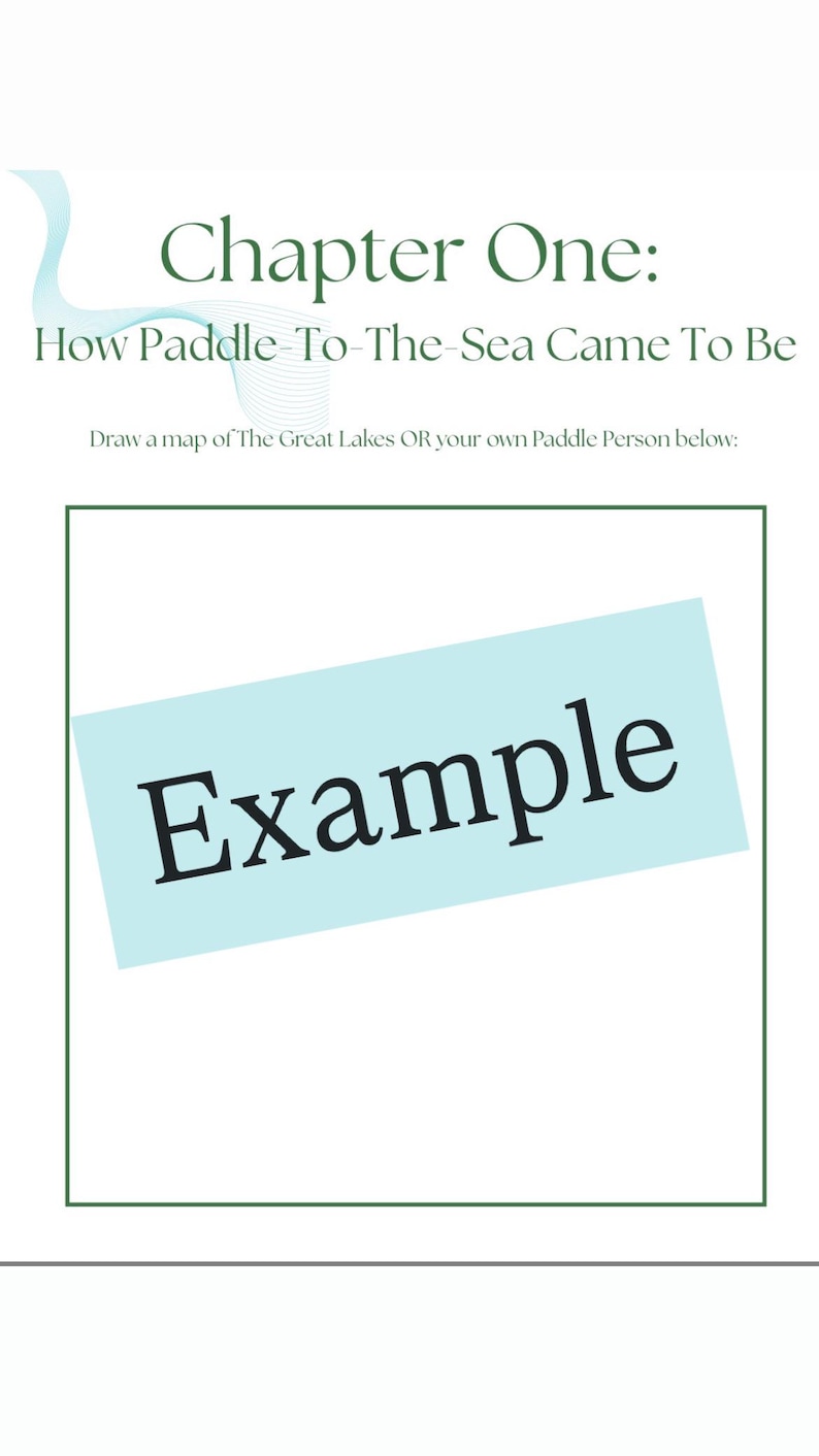 K&ouml;nnte beinhalten: Wei&szlig;er Hintergrund mit gr&uuml;nem und blauem Text. Der Text lautet "Kapitel Eins: Wie Paddle-To-The-Sea entstand". Darunter ein hellblaues Rechteck mit dem Wort "Example" in Schwarz.