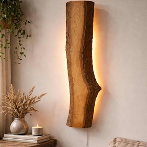 Live Edge Wooden Wall Sconce, Rustic Natural Bark Lamp, Ambient Home Decor