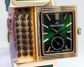 Vintage Luxurious Jaeger-LeCoultre Reverso Sub Dial Analog Quartz Green Dial Men's Wrist Watch Free Shipping