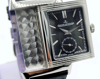 Vintage Amazing Jaeger-LeCoultre Reverso Sub Dial Analog Quartz Black Dial Men's Wrist Watch Free Shipping