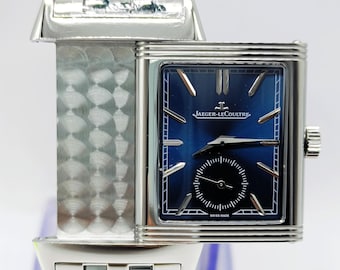Vintage Fantastic Jaeger-LeCoultre Reverso Sub Dial Analog Quartz Blue Dial Men's Wrist Watch Free Shipping