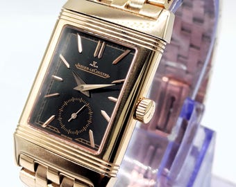 Vintage Excellent Jaeger-LeCoultre Reverso Sub Dial Analog Quartz Black Dial Men's Wrist Watch Free Shipping