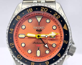 Vintage Seiko 5 Sports Automatic Rotating Bezel Date Indicator Orange Dial Men's Wrist Watch Free Shipping