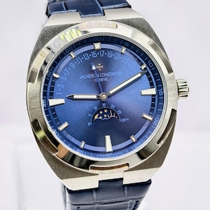 Vintage Vacheron Constanin Geneve Moonphase Overseas Automatic Blue Dial Men's Wrist Watch Free Shipping
