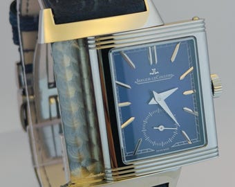 Vintage Beautiful Jaeger-LeCoultre Reverso Sub Dial Analog Quartz Blue Dial Men's Wrist Watch Free Shipping