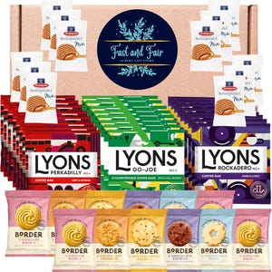May include: A selection of food items in a gift box. The box contains stroopwafels, coffee bags, and Border biscuits in different flavours. The box has a circular logo with the text "Fast and Fair Luxury Gift Store".