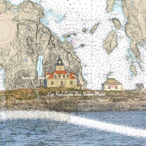 May include: An illustrated nautical chart featuring Egg Rock Light in Bar Harbor, Maine. The image shows a lighthouse with a red roof and a small building on a rocky island, with the text "Egg Rock Light, Bar Harbor Maine".