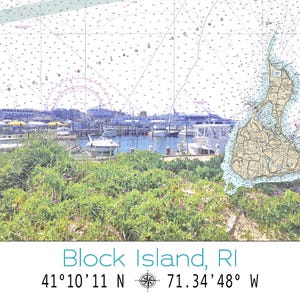 May include: A nautical chart print featuring Block Island, RI, with a detailed map overlay. The image includes a harbor scene with boats and buildings, and the text "Block Island, RI" with coordinates 41°10'11 N 71.34'48° W.