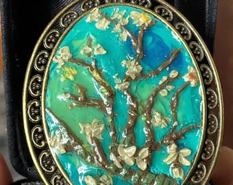 Handmade Polymer Clay Pendant Necklace – Van Gogh Almond Blossoms Art