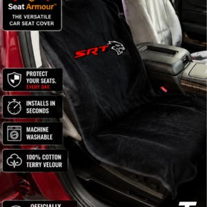 May include: A black cotton terry velour car seat cover featuring the red SRT logo and a white Hellcat emblem. The cover includes text stating Seat Armour, The Versatile Car Seat Cover, Protect Your Seats, Installs In Seconds, Machine Washable, 100% Cotton Terry Velour, and Officially Licensed Dodge Product.