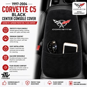 May include: A black center console cover for a 1997-2004 Corvette C5, featuring an embroidered Corvette logo, a storage pocket containing sunglasses and a smartphone, and text detailing product features like machine washability and protection.