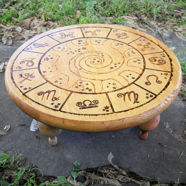 Wood burned Zodiac Table light background, Zodiac altar, sun sign, Wiccan altar, portable altar, tabletop altar, short altar, Wiccan table