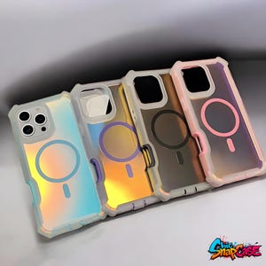 May include: Four iridescent phone cases with a clear frame and a colored circle design. The cases have a gradient of colors, including blue, gold, and pink. The cases are angled, showcasing their design and the phone's camera.