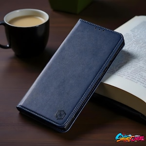 May include: A navy blue leather phone case with a stitched border and a subtle logo. The case is closed, suggesting a folio design, and rests on a wooden surface next to a cup of coffee and an open book.