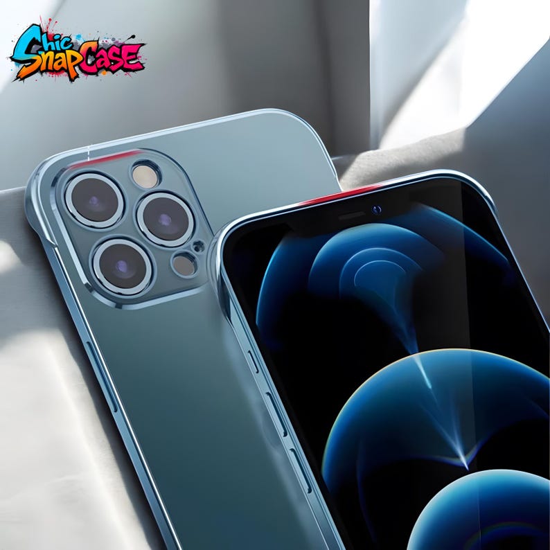May include: Clear phone case with a blue tint, featuring a red accent at the top. The case has a transparent design, showcasing the phone's camera array. The text "Chic SnapCase" is visible in a graffiti-style font.